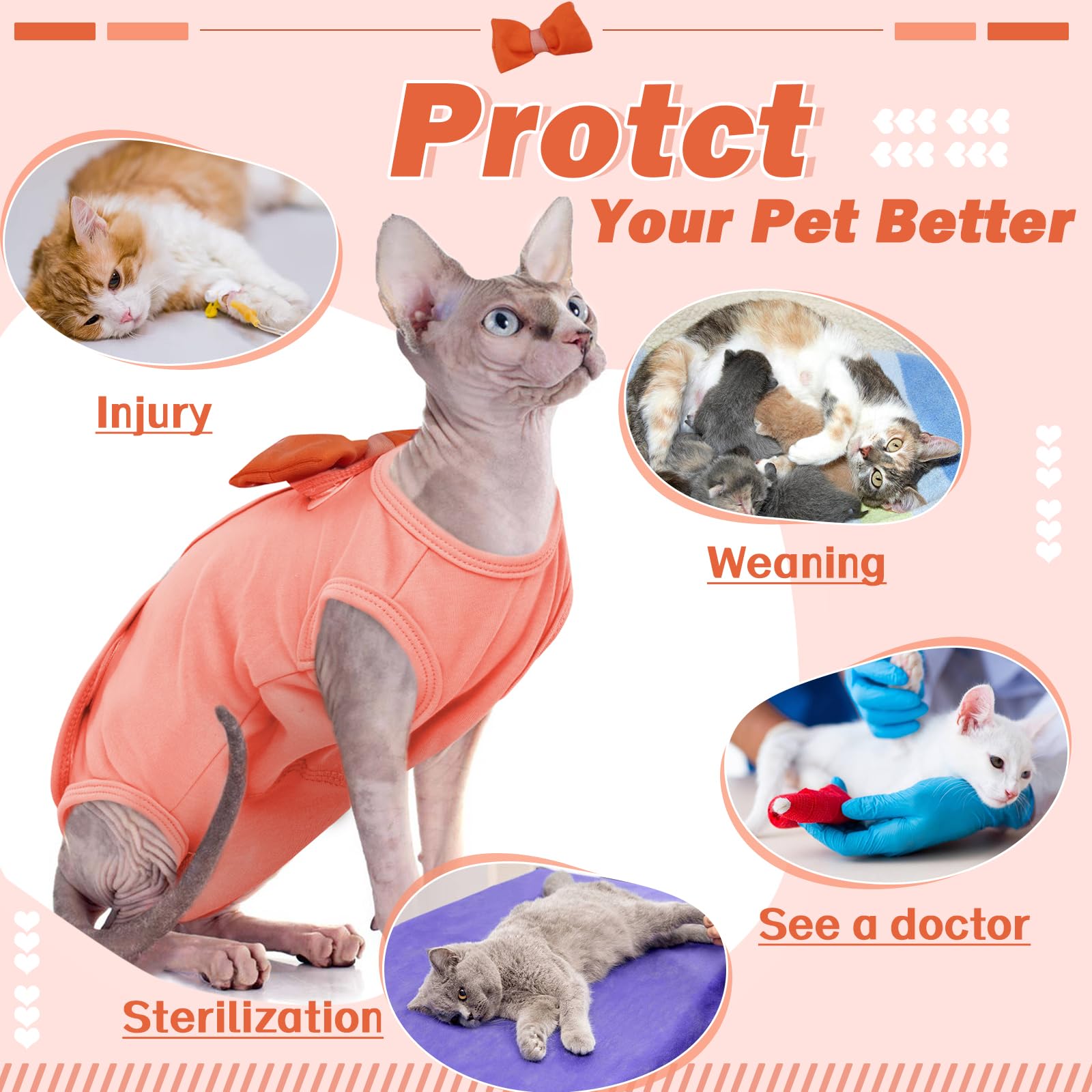 OUOBOB Cat Recovery Suit, Cat Onesie for Cats After Surgery Female Male, Cone of Shame Alternative Surgical Spay Suit, Cat Body Suit Preventing Cats from Licking Wounds Weaning Neuter Orange L