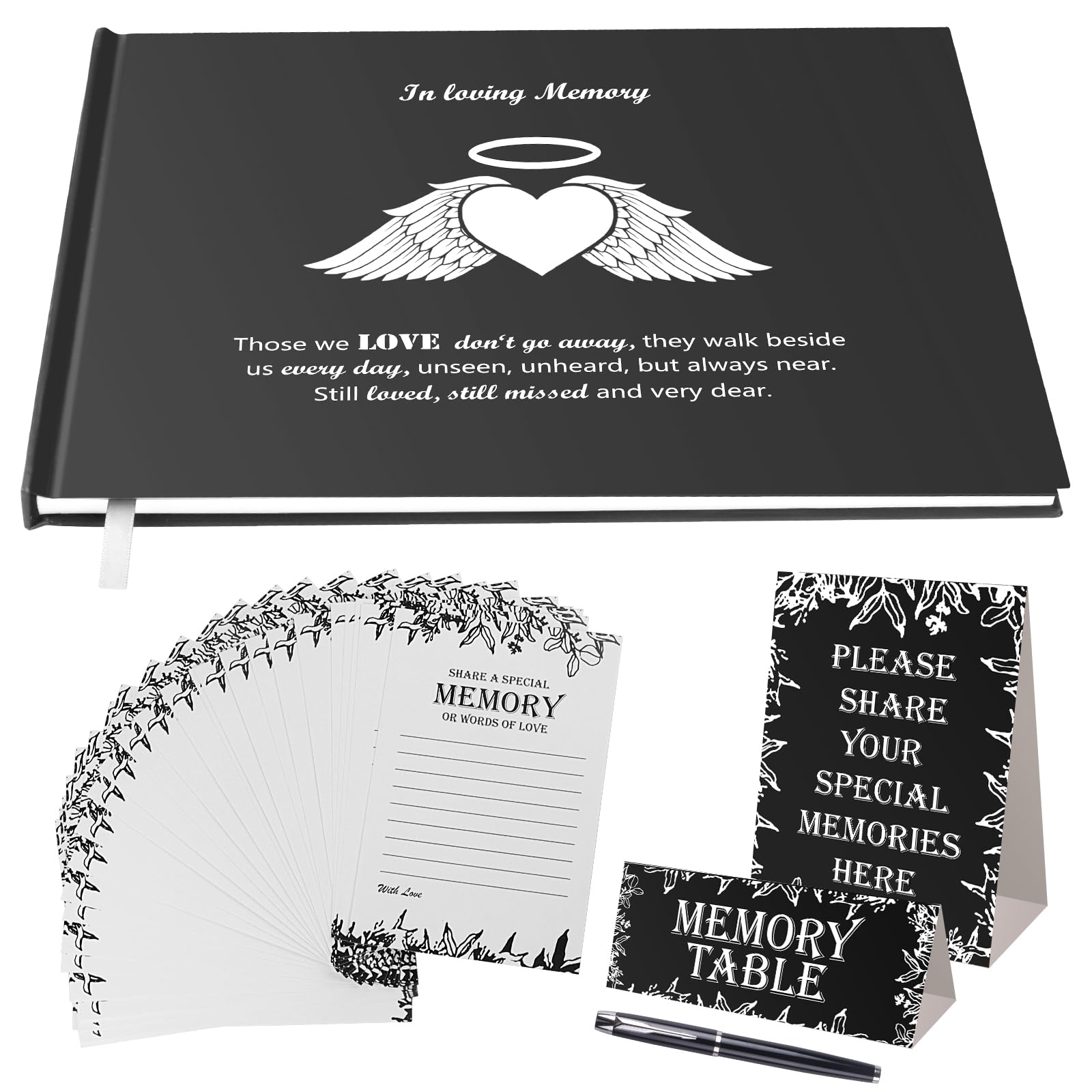 Funeral Guest Book 5PCS Set, in Loving Memory 80 Pages Funeral Sign-in Guestbook for Memorial Service Celebration of Life, Includes Funeral Sign in Book, Pen, Memory Cards, Table Sign (7.7"x10",Black)