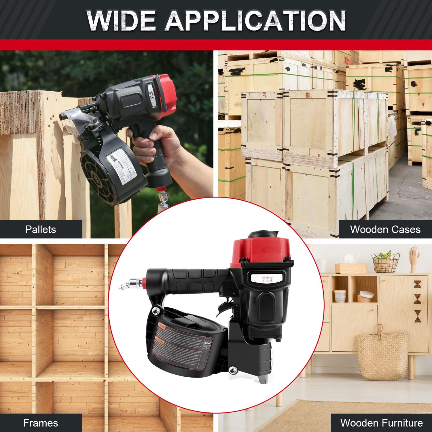 3PLUS HCN55SP Pneumatic Coil Pallet Nailer Professional Air Nail Gun Accepts 15 Degree 1-Inch to 2-1/4-Inch Wire Collated Nails