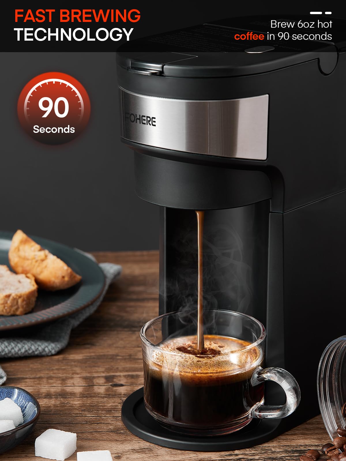 FOHERE Coffee Maker, Single Serve Iced and Hot Coffee Brewer for K Pod & Ground Coffee, with 90s Fast Brewing, 6 to 14 Oz Brew Sizes, 1000W Compact Coffee Machine with Water Window and Descaling Mode