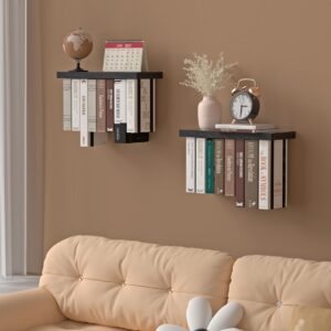 Tohiasen Floating Book Shelves for Wall Mounted Set of 2, Wood Hanging Bookshelf, Book Display Shelf for Wall, Unique Space Saving Book Shelf Wall Book Holder(Black)