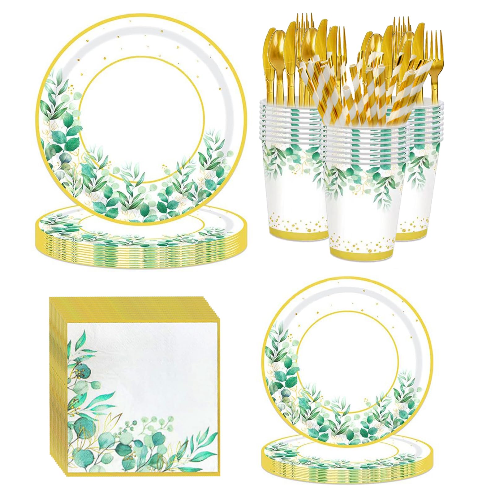 192PCS Sage Green Party Decorations Sage Green Plates Napkins Cups Straws Cutleries Party Supplies Eucalyptus Greenery Tableware for Baby Shower Bridal Shower Birthday Gender Neutral, Serves 24