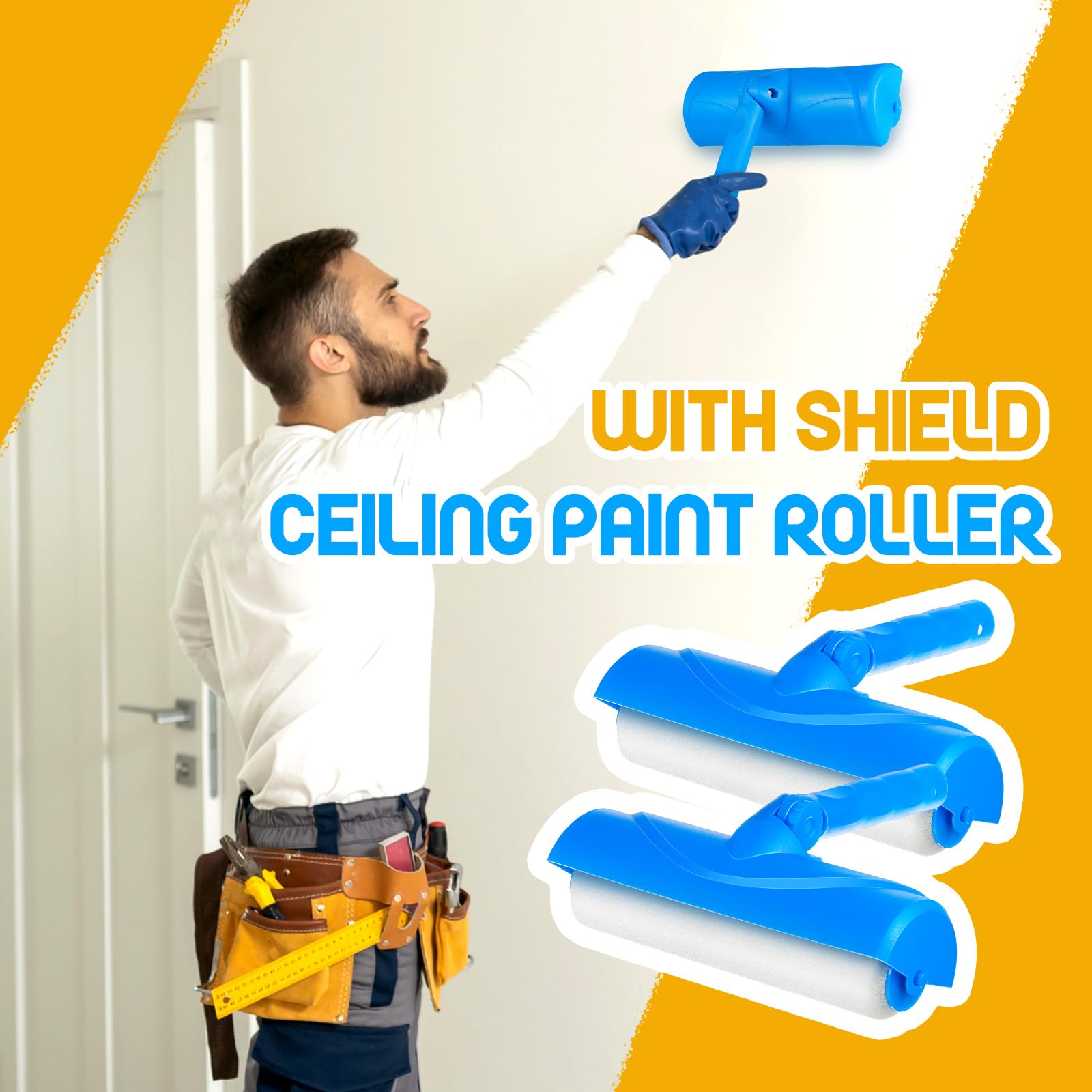 Lasnten 2 Pcs 10 Inch Ceiling Paint Roller with Shield Roller and Shield with Adjustable Head Ceiling Paint Roller No Drip Kit Roller Paint Brush for Painting Ceilings Walls Without Splatter