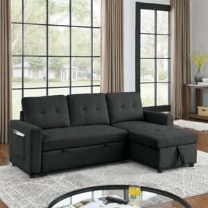 sectional couch,78.5 inch convertible 3-seater pull out sleeper sofa bed,comfy upholstered l-shaped couch,modern modular sofa with reversible storage chaise for living room/apartment/office(black)