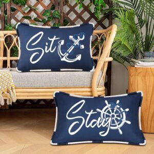 Likiyol Outdoor Pillow Covers 12x20 Inch, Outdoor Waterproof Navy Blue Lumbar Throw Pillows for Patio Porch Furniture Couch Sofa Set of 2, Sit & Stay Decorative Cushion Cover for Summer, Blue