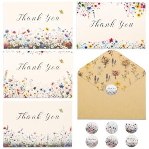 vnaaem 24 pack wildflower thank you card with kraft envelope sticker vintage floral thank you notes for birthday wedding baby shower business bridal shower spring midsummer,4 x 6inch