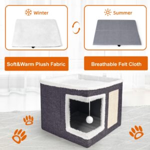 Loyareal Cat Houses for Indoor Cats - Large Cat Bed Cave for Cat House with Scratch Pad and Fluffy Ball, Foldable Cat Hideaway with Reversible Cushion Cat Condo for Multi Small Pet, Dark Grey