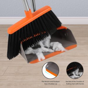 Broom and Dustpan Set House Brooms for Sweeping Indoor Collapsible Broom and Dust Pan Combo for Home Office Kitchen Lobby Floor Pet Hair Indoor&Outdoor Cleaning (Gray&Orange)