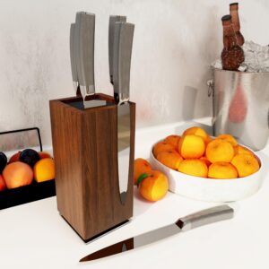 Brosisincorp 360° Rotating Magnetic Knife Block Without Knives - Universal Knife Holder for Counter Top with Removable Bristles, Acacia Wood