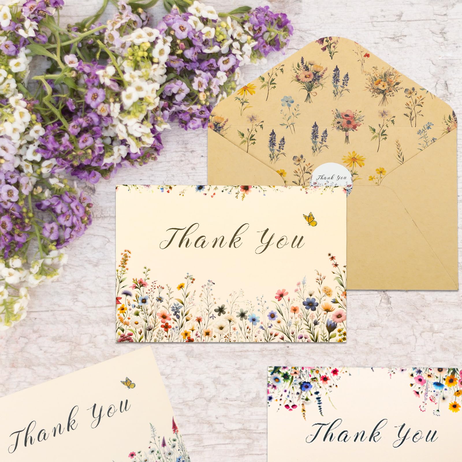 Vnaaem 24 Pack Wildflower Thank You Card with Kraft Envelope Sticker Vintage Floral Thank You Notes for Birthday Wedding Baby Shower Business Bridal Shower Spring Midsummer,4 x 6Inch