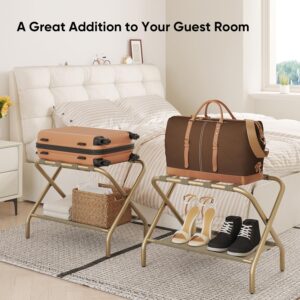 Smart FENDEE Set of 2 Luggage Racks for Guest Room, Gold Folding Suitcase Stand with Fabric Shelf, Steel Portable Luggage Stand Bedroom, Hotel, Easy Assembly, Hold up to 110 lb, Bronze