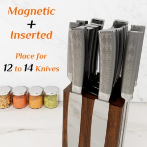 Brosisincorp 360° Rotating Magnetic Knife Block Without Knives - Universal Knife Holder for Counter Top with Removable Bristles, Acacia Wood