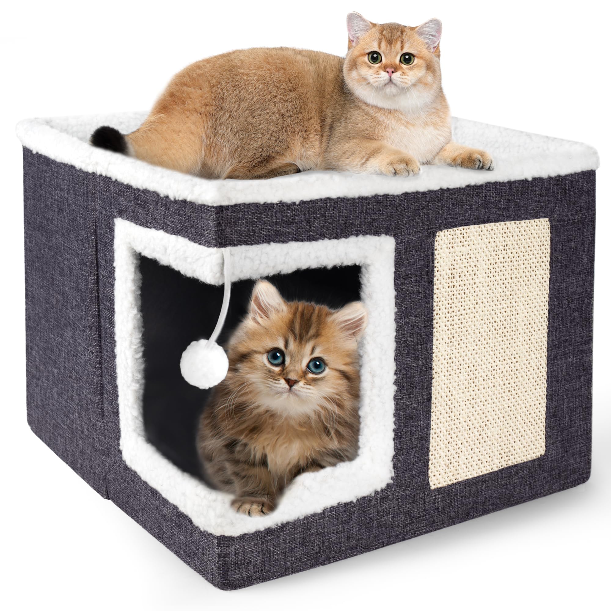 Loyareal Cat Houses for Indoor Cats - Large Cat Bed Cave for Cat House with Scratch Pad and Fluffy Ball, Foldable Cat Hideaway with Reversible Cushion Cat Condo for Multi Small Pet, Dark Grey