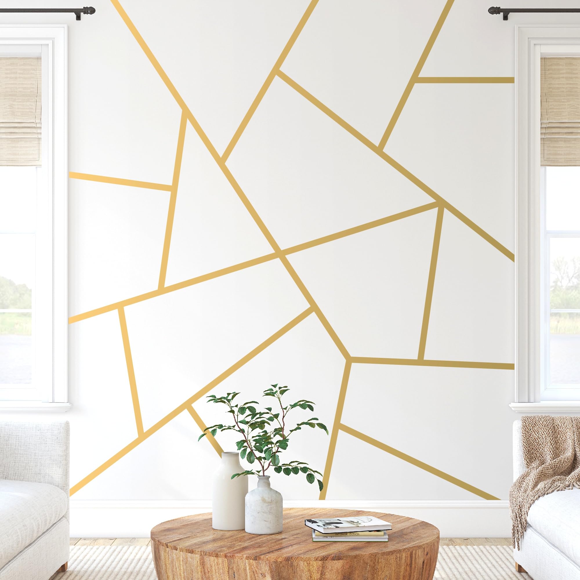 SHYJSHYJ Metalic Gold Large Vinyl Modern Line Wall Decals, Peel and Stick Removable Geometric Wall Stickers Bedroom Living Room Office Minimalist Accent Wall Art Decor