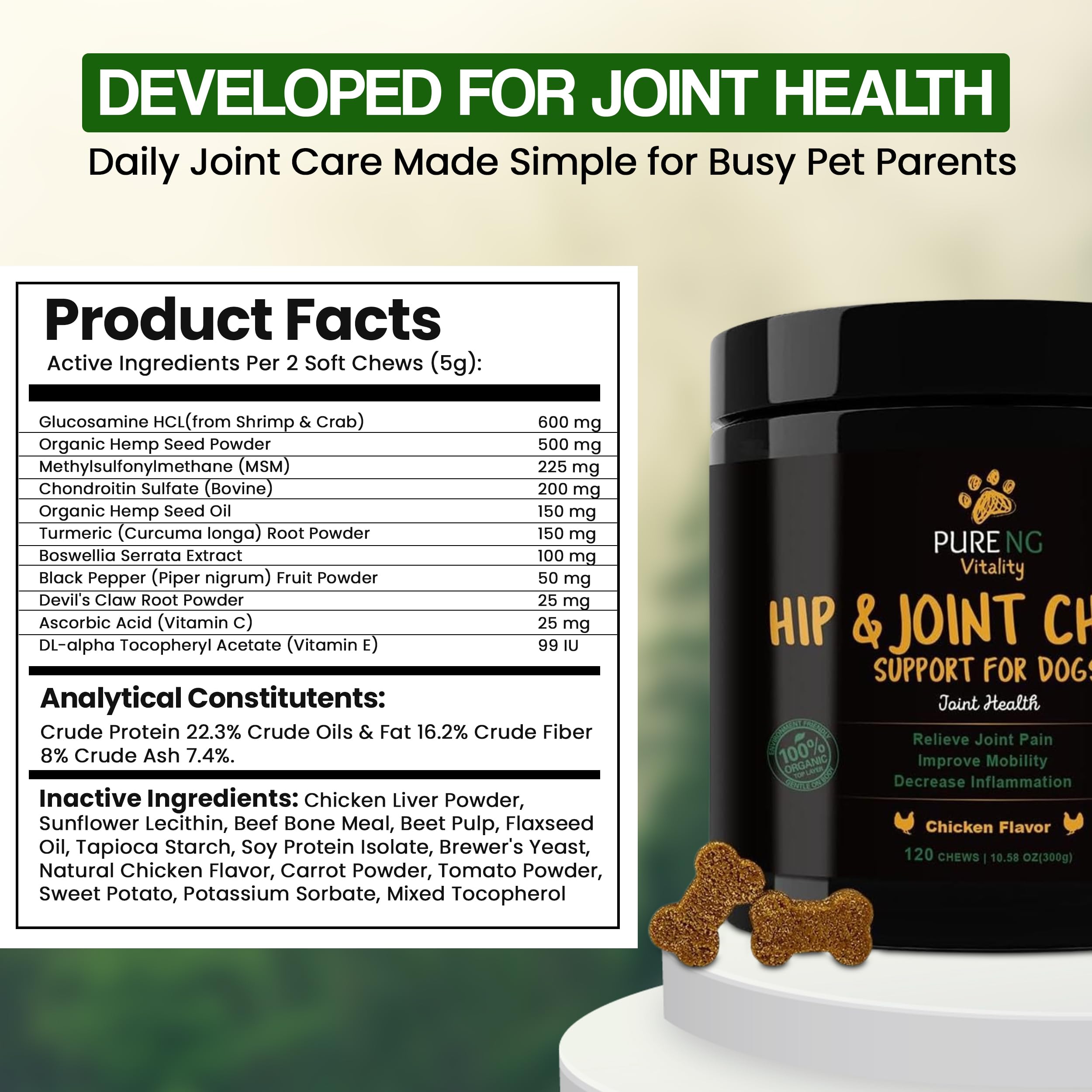 Dog Hip and Joint Supplement - 120 Chicken Flavored Chews | Includes Glucosamine Chondroitin for Dogs | Joint Supplement for Dogs | Dog Vitamins and Supplements | Dog Pain Relief Anti Inflammatory