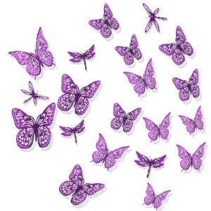 rumhut butterfly decorations dragonfly wall stickers, 48 pcs metal wall art for bedroom living room (purple)