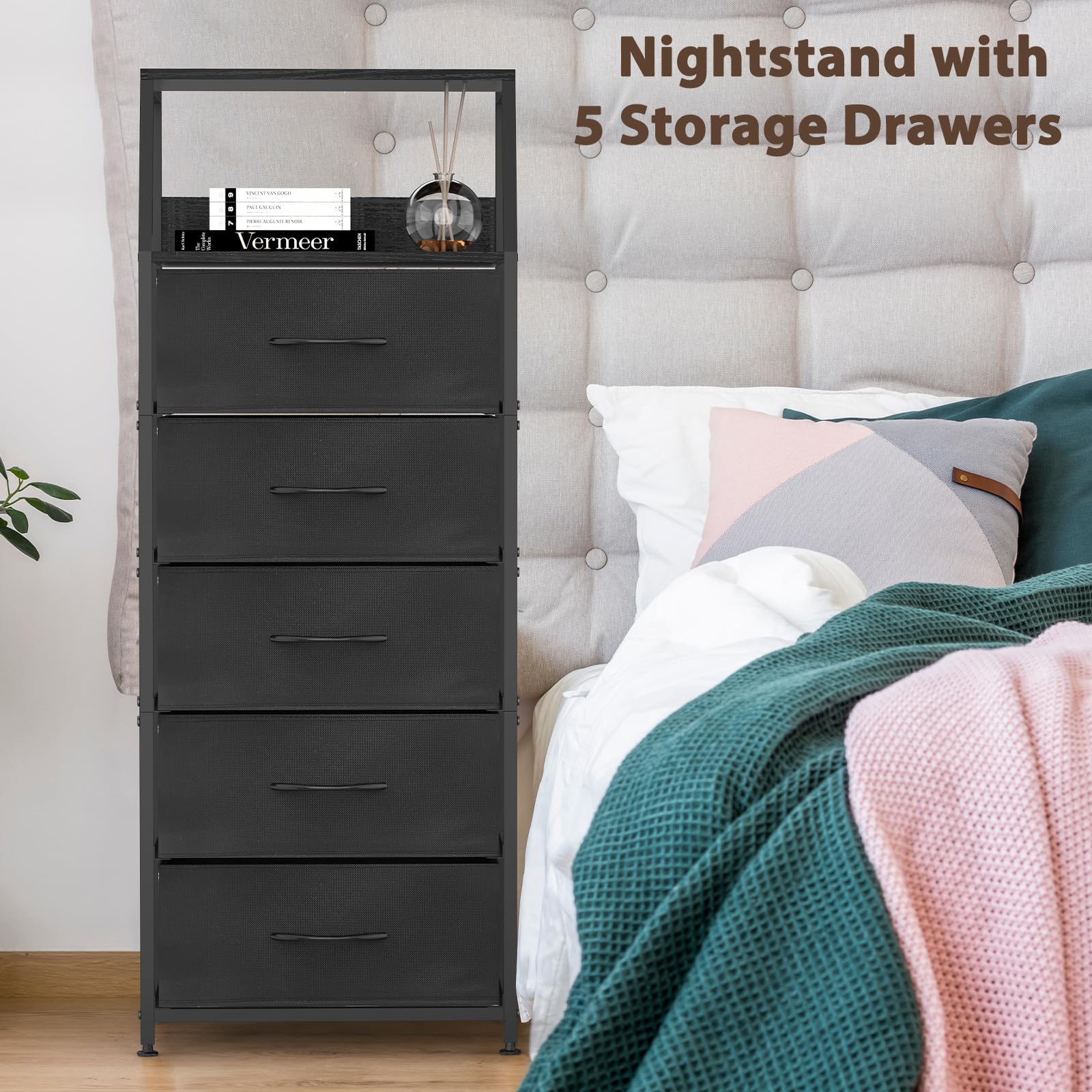 OGEMXU 5 Drawers Dresser for Bedroom, Nightstand with Drawers, Tall Dresser with Fabric Drawers, 2-Tier Wood Top Storage and Organization, Chest of Drawer for Small Space, Bedroom, Apartment, Black