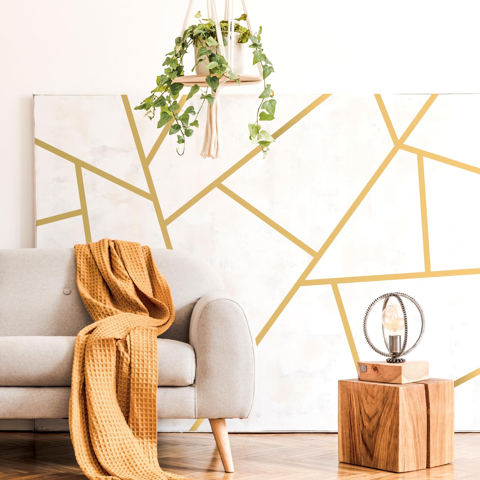 SHYJSHYJ Metalic Gold Large Vinyl Modern Line Wall Decals, Peel and Stick Removable Geometric Wall Stickers Bedroom Living Room Office Minimalist Accent Wall Art Decor