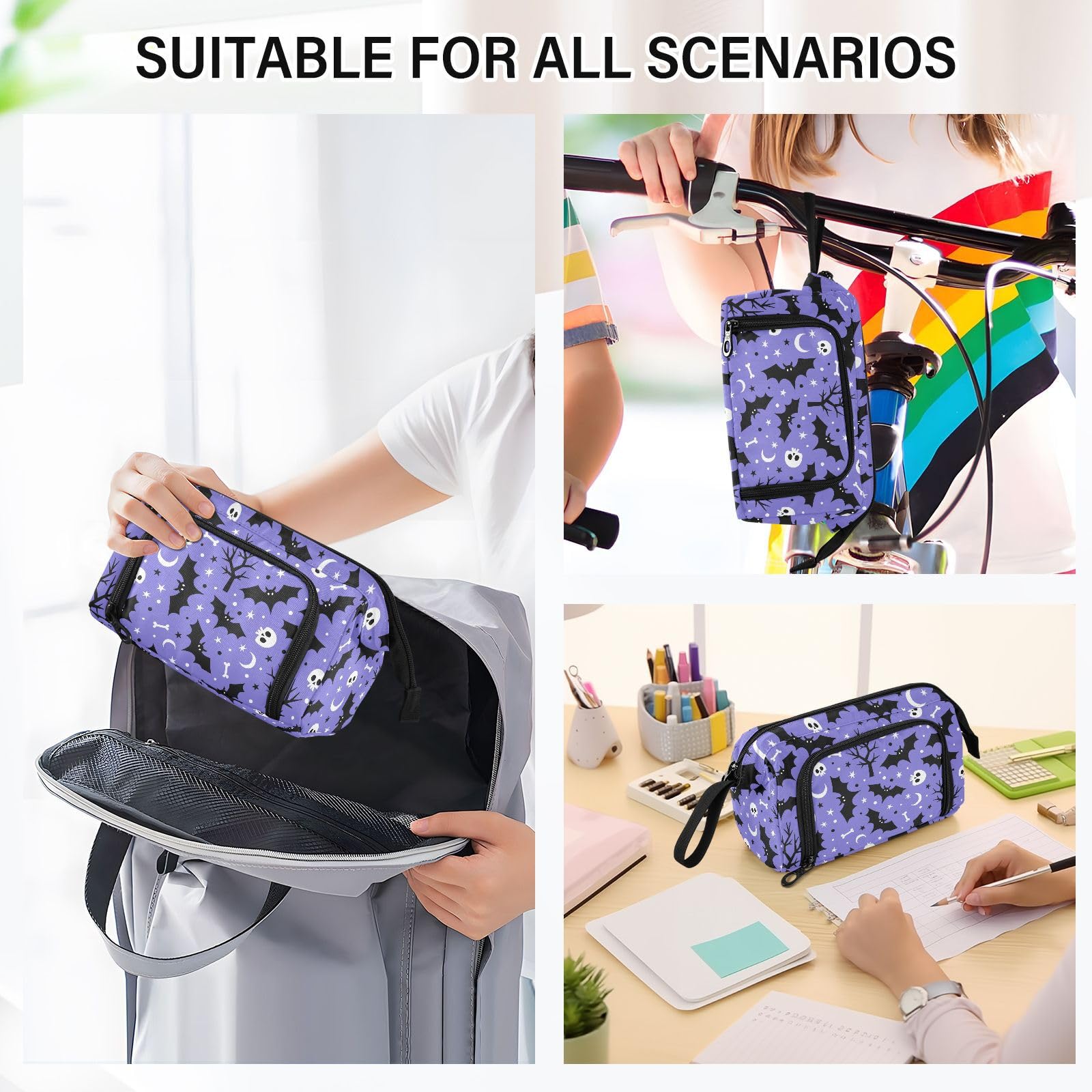 Fustylead Cute Bat Skull Trees Canvas Pencil Bag Large Storage Pouch Marker Pen Case Simple Stationery Bag School College Office Organizer