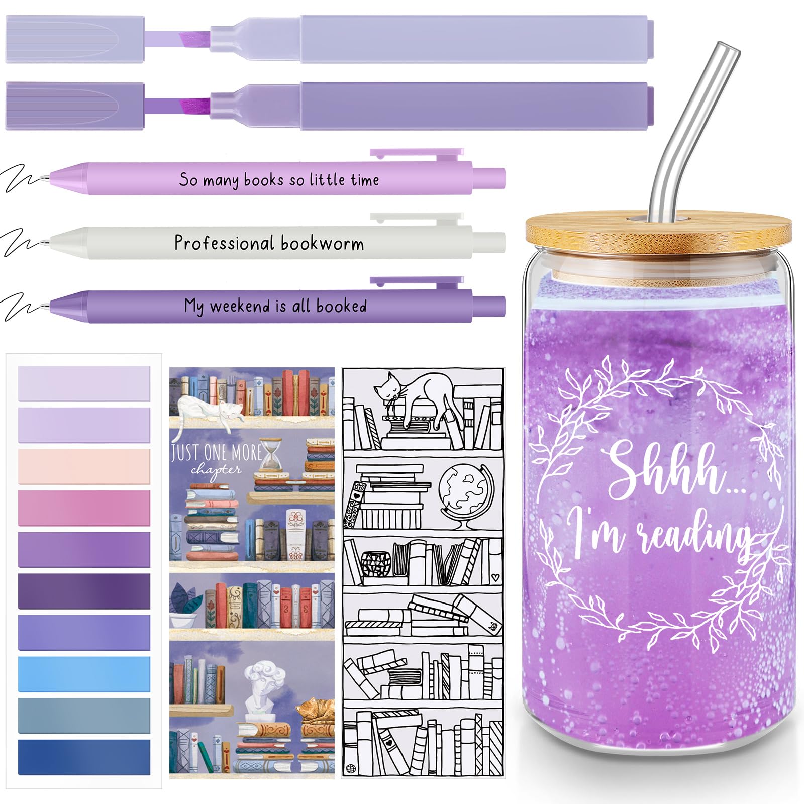 FillTouch 8 Pc Book Lover Gifts 16 oz Glass Cup with Bamboo Lid and Straw Reading List Bookmark Pastel Highlighters Sticky Notes Pens for Reader Librarian Stocking stuffers(Purple)