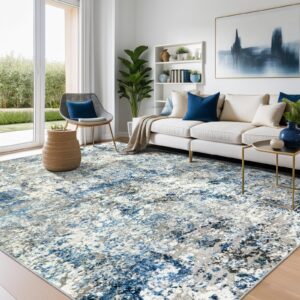 area rug living room rugs - 5x7 modern abstract large soft machine washable rug stain resistant non slip faux wool low pile accent carpet for bedroom dining home studio college office - grey/blue