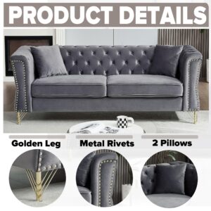 lunhung 81" Chesterfield Velvet Sofa for Living Room,3-Seater Sofa Tufted Couch with Golden Metal Legs & Nailhead,2 Pillows, Rolled Arms Sofa for Living Room,Bedroom,Office,Apartment (Grey)