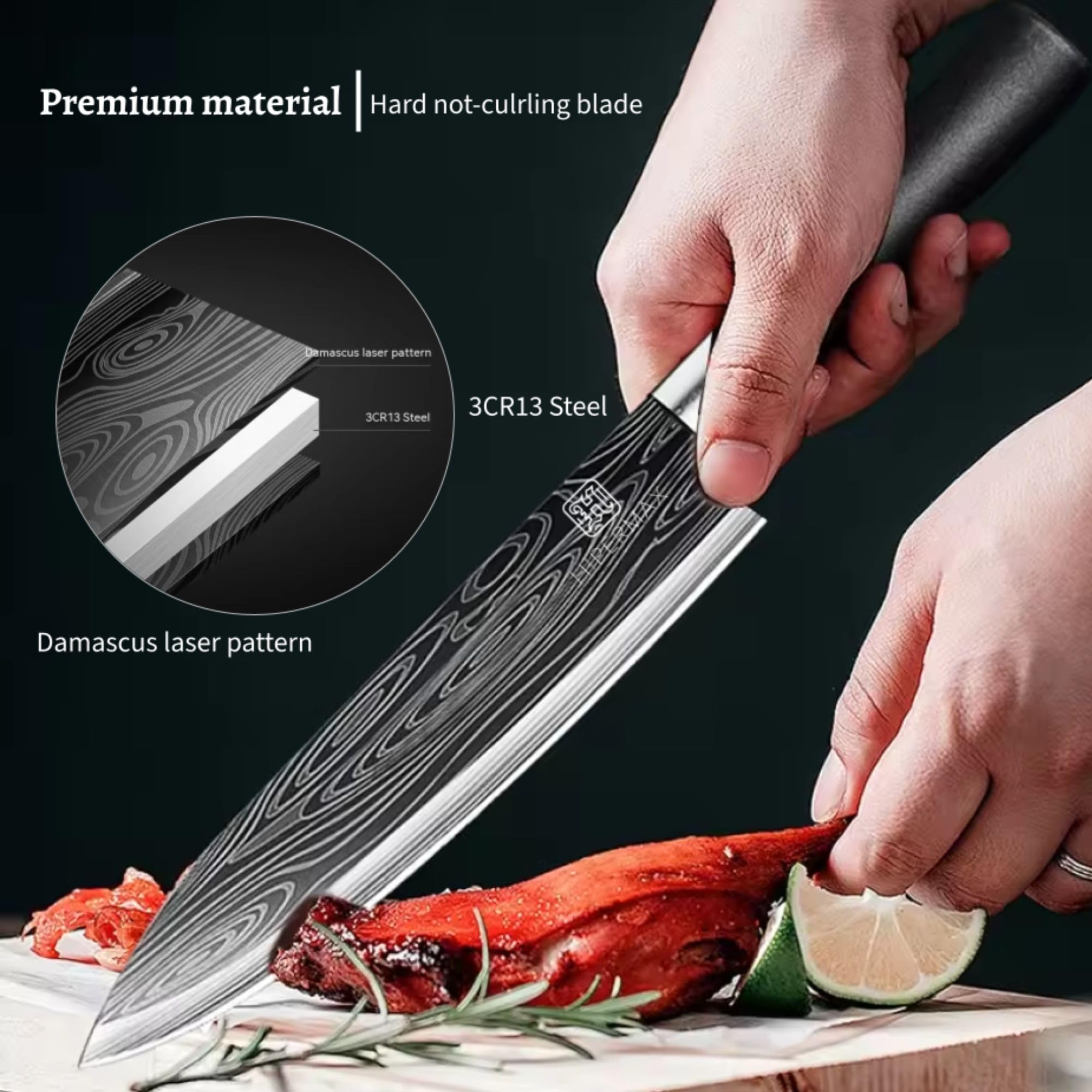 HIPERMAX kitchen knife professional multi-purpose 7 inch Damascus model, sharpened stainless steel with black ergonomic plastic handle for cutting food, deluxe gift box