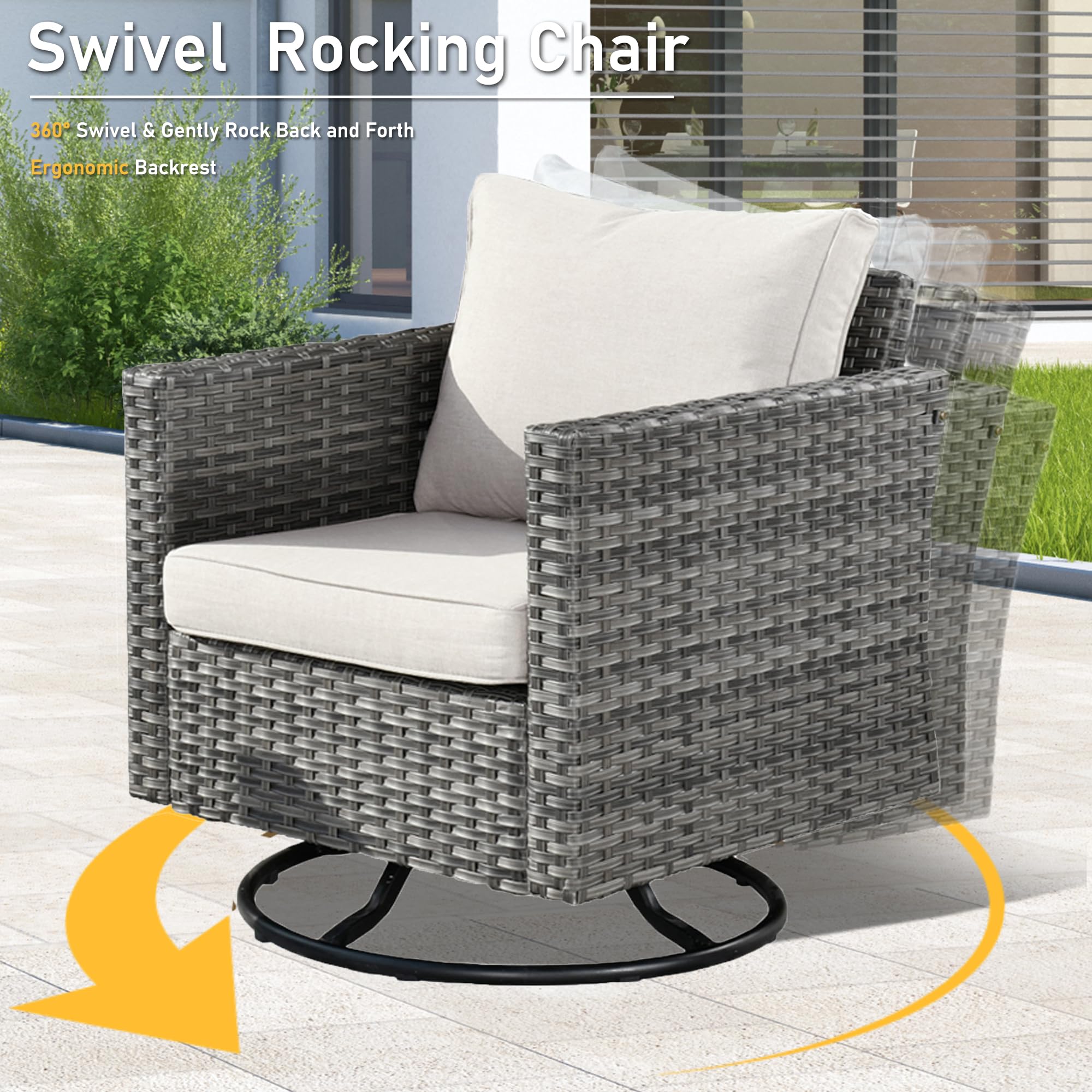 HOOOWOOO Wicker Patio Conversation Sets,8 Piece Outdoor Furniture Set with Swivel Rocking Chairs,All Weather Resistant Modern Outside Out Door Rattan Couch Chairs Side Table Set,Beige