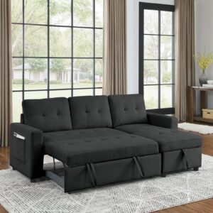 Sectional Couch,78.5 Inch Convertible 3-Seater Pull Out Sleeper Sofa Bed,Comfy Upholstered L-Shaped Couch,Modern Modular Sofa with Reversible Storage Chaise for Living Room/Apartment/Office(Black)