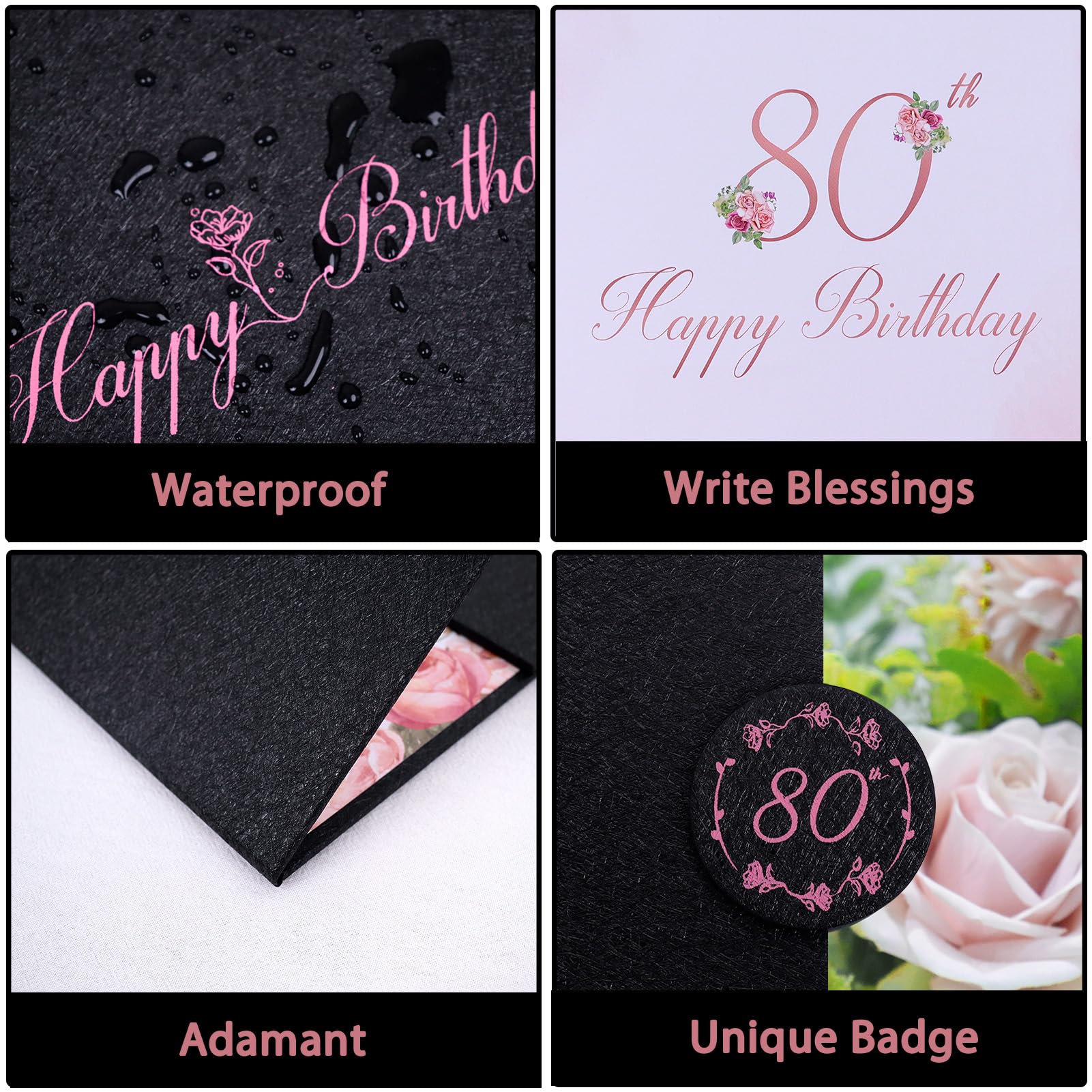 Vlipoeasn 80th Birthday Guest Book Alternative, Black and Pink 80th Birthday Party Decorations for Women, Creative Diamond 80th Birthday Signature Book, Cheers to 80 Year Old Birthday Party Supplies