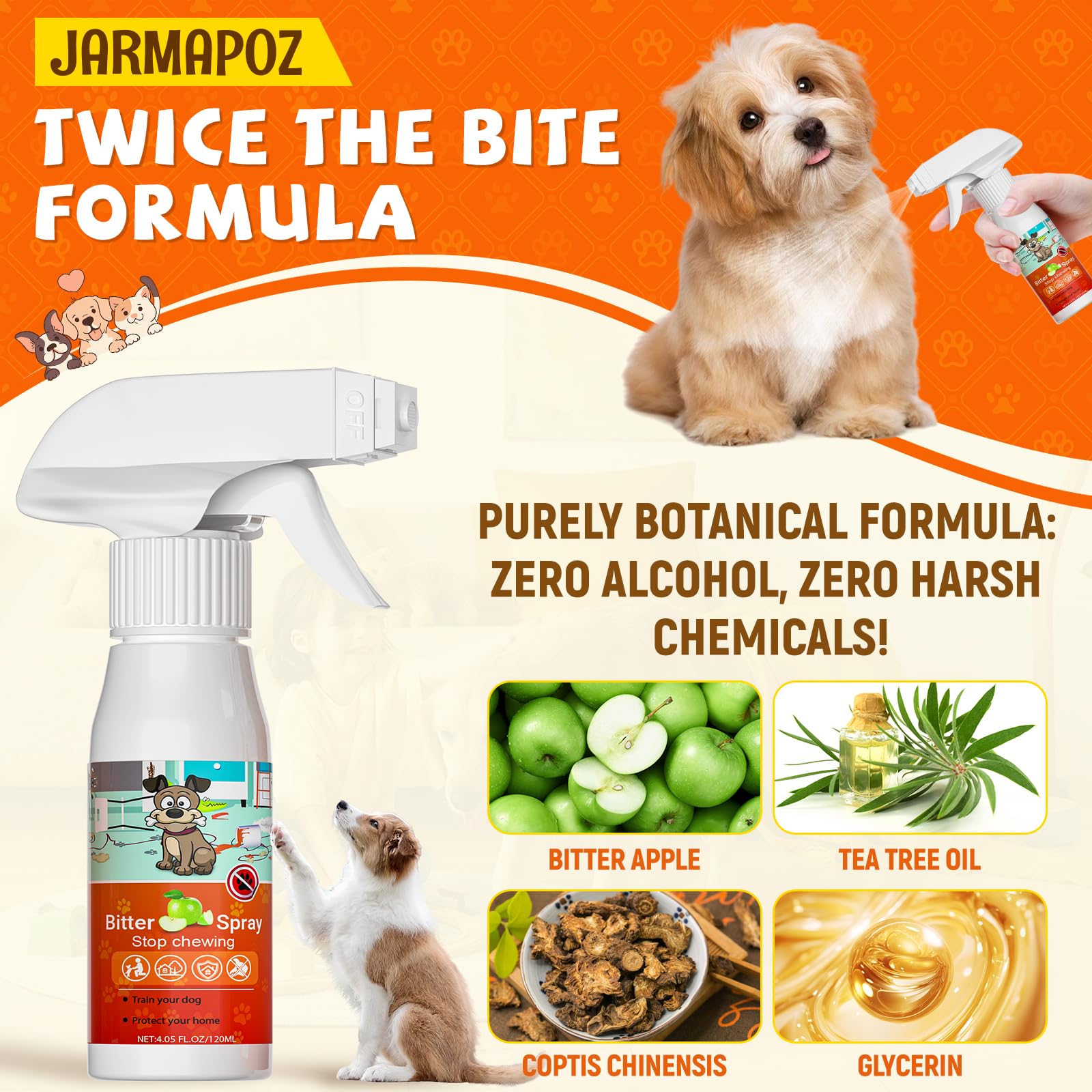 JARMAPOZ Bitter Apple Spray for Dogs to Stop Chewing, Anti Chew Behavior Training Aid for Dogs and Cats, Bitter Yuck Spray for Dogs Prevent Chewing Licking of Bandages, Paws, Shoes, Fur and Furniture