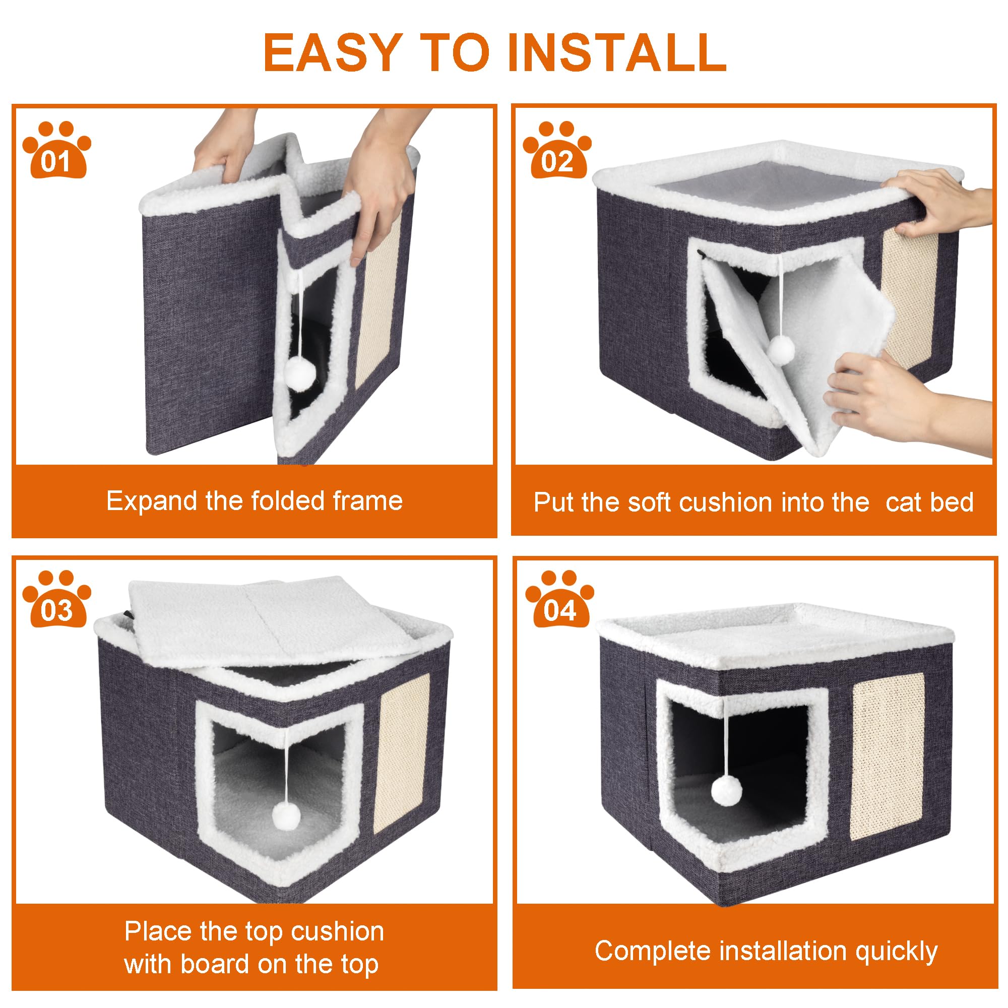 Loyareal Cat Houses for Indoor Cats - Large Cat Bed Cave for Cat House with Scratch Pad and Fluffy Ball, Foldable Cat Hideaway with Reversible Cushion Cat Condo for Multi Small Pet, Dark Grey