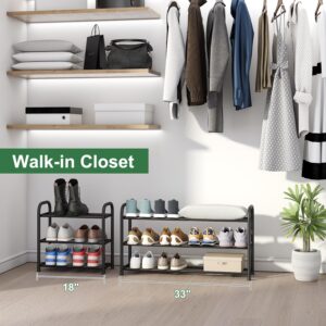 kiplant Shoe Rack for Closet, 3-Tier Expandable Shoe Organizer for Closet, Metal Adjustable Black Shoe Shelf Storage Organizer, Free Standing Shoe Rack for Entryway Closet Doorway