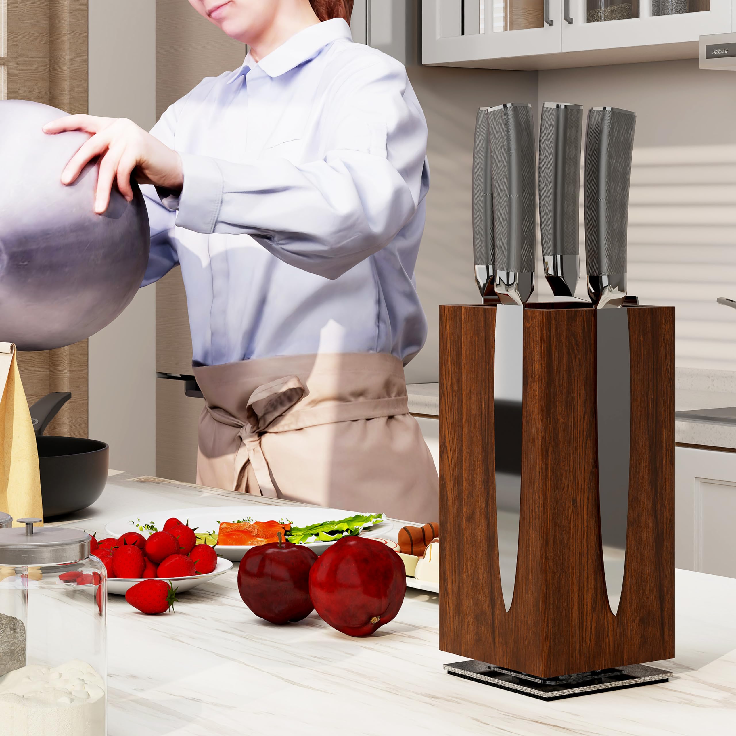 Brosisincorp 360° Rotating Magnetic Knife Block Without Knives - Universal Knife Holder for Counter Top with Removable Bristles, Acacia Wood