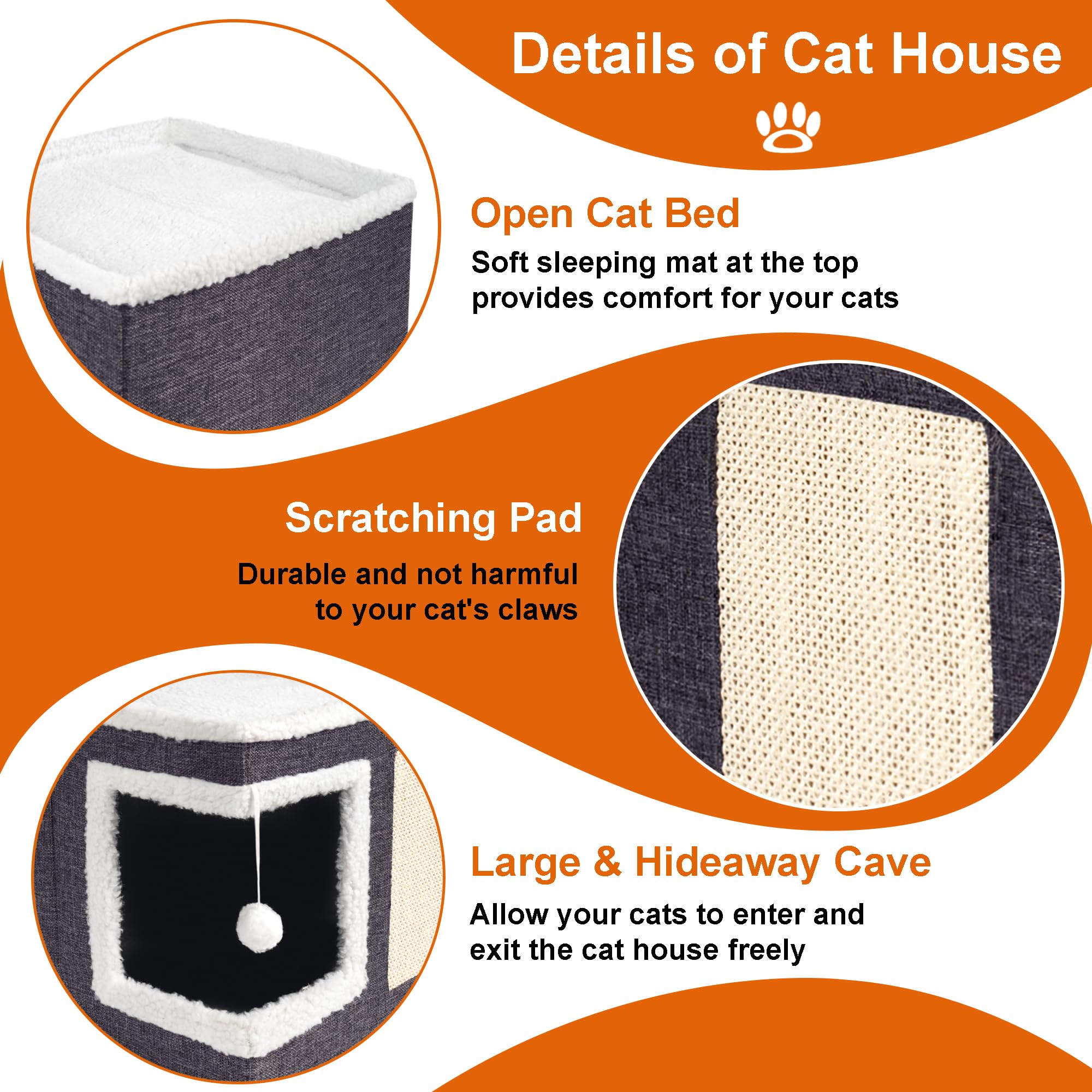 Loyareal Cat Houses for Indoor Cats - Large Cat Bed Cave for Cat House with Scratch Pad and Fluffy Ball, Foldable Cat Hideaway with Reversible Cushion Cat Condo for Multi Small Pet, Dark Grey