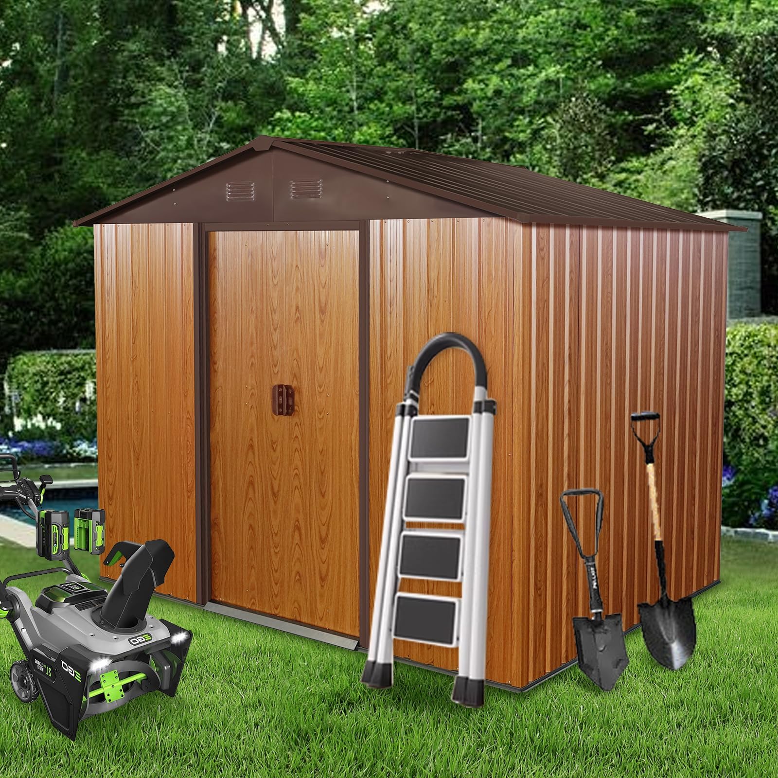 LUSPAZ 6ft x 8ft Outdoor Metal Storage Shed with Metal Floor Base,Air Vent,Sliding Doors and Padlock Patio Shed All Accessory Included Easy to Assemble for Backyard