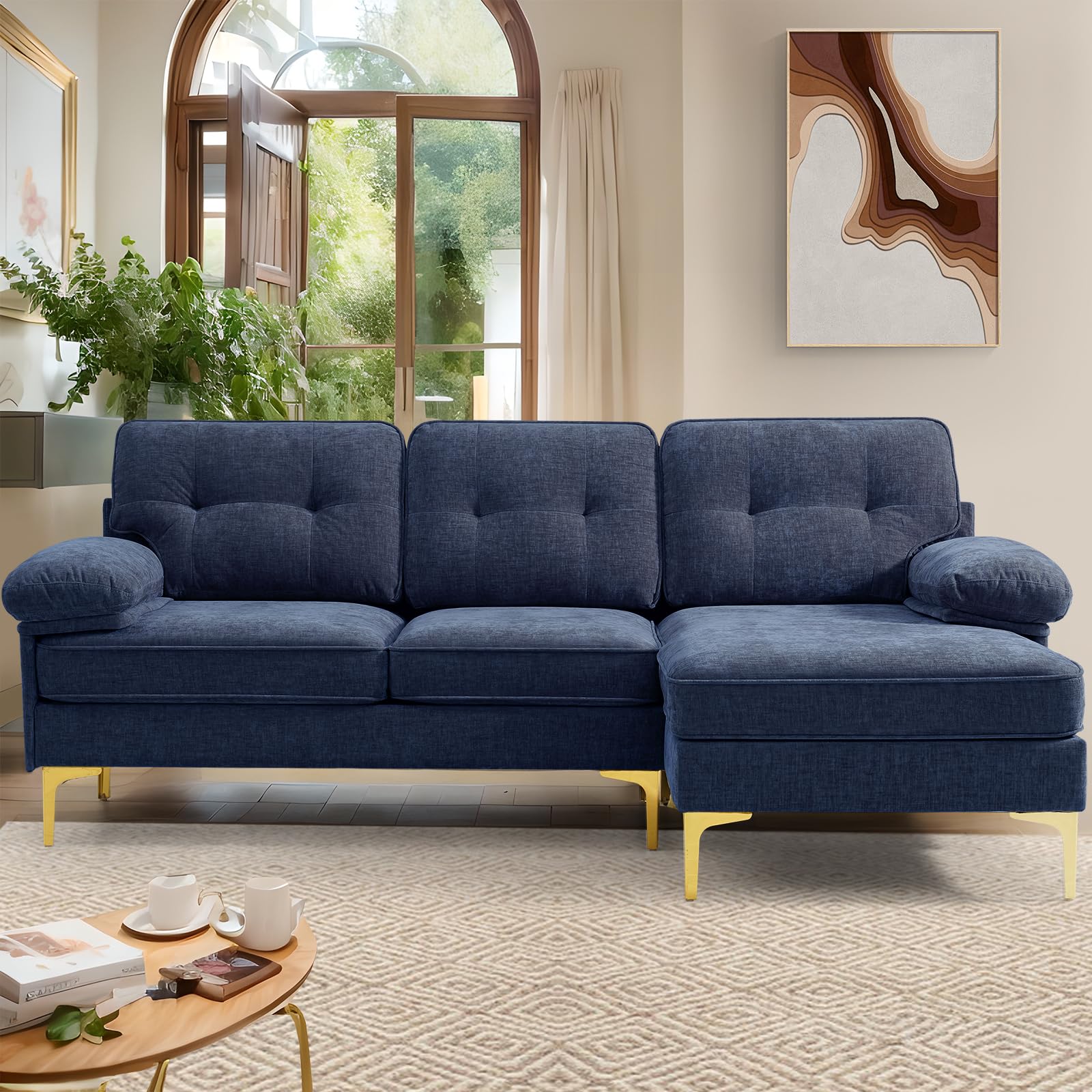 EASELAND 83" Chenille L Shape Couch, Convertible Modern Sofa for Living Room, 3-Seat Comfy Sofa Sectional with L/R Reversible Chaise, Deep Seat Sofa with Fluffy Armrests (Navy)