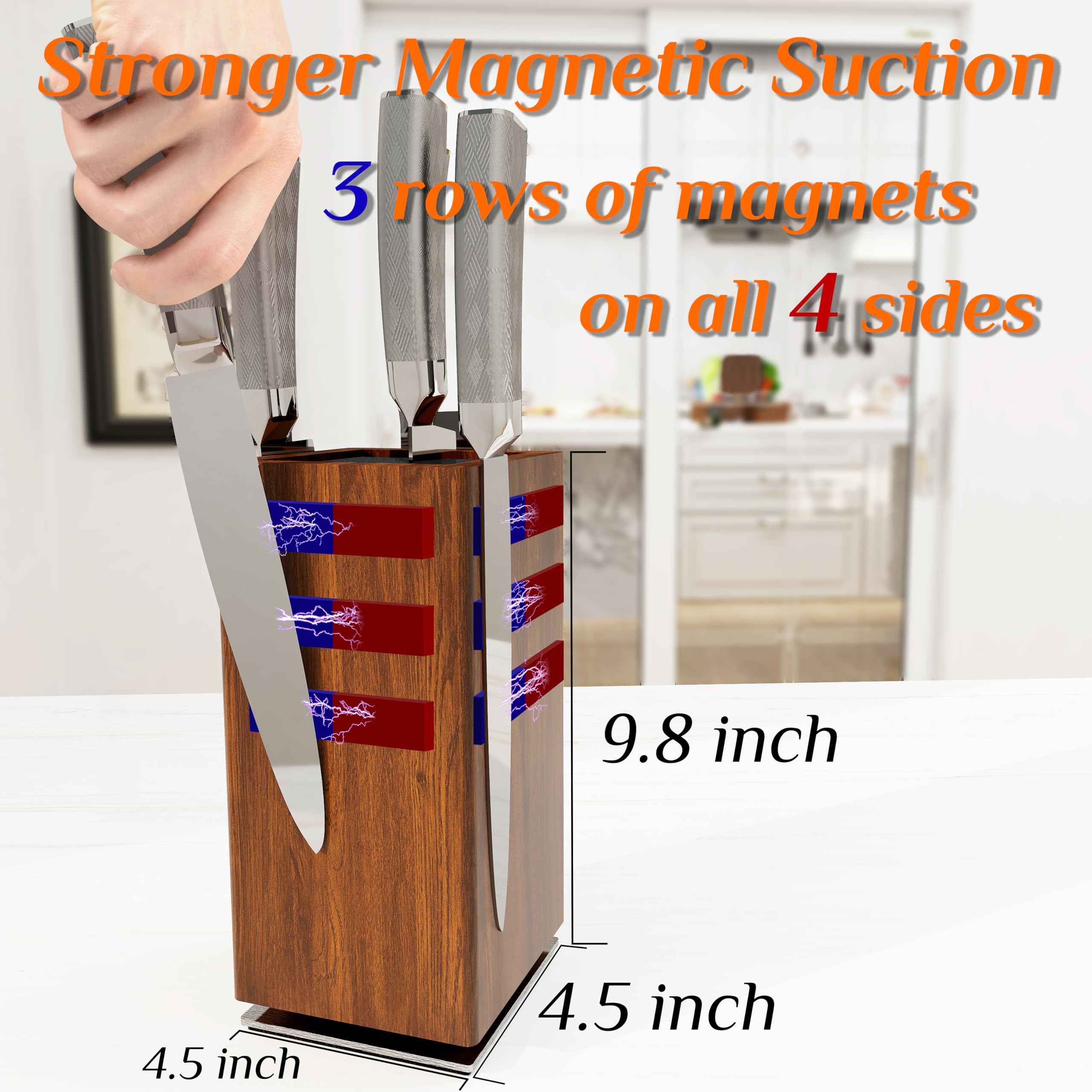 Brosisincorp 360° Rotating Magnetic Knife Block Without Knives - Universal Knife Holder for Counter Top with Removable Bristles, Acacia Wood