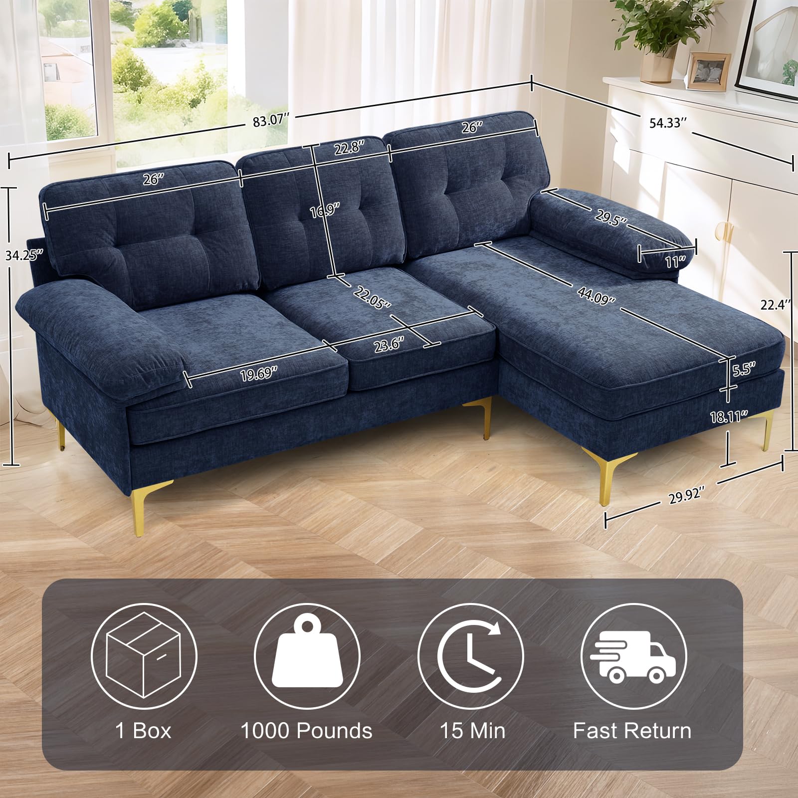 EASELAND 83" Chenille L Shape Couch, Convertible Modern Sofa for Living Room, 3-Seat Comfy Sofa Sectional with L/R Reversible Chaise, Deep Seat Sofa with Fluffy Armrests (Navy)