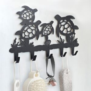 VIVICOMFY Metal Sea Turtle Coat Hooks Wall Mount-Sea Turtle hangers and Key Holder-Clothes Hat Rack and Backpack Hanger Decor for Storage, Living Room, Hallway, Office Gift (Black)