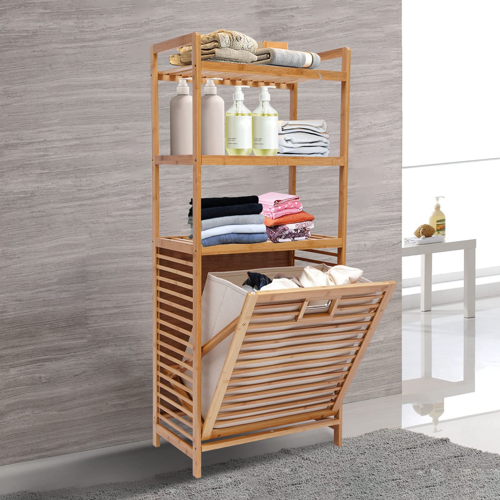 Bamboo Laundry Hamper, Fold Laundry Hamper, Laundry Room Shelves With Rope Handles, Natural Stain Bamboo, Four Layers Storage Basket 19.7"L*11.8"W*46.9"H(inch), For Laundry Room, Bedroom