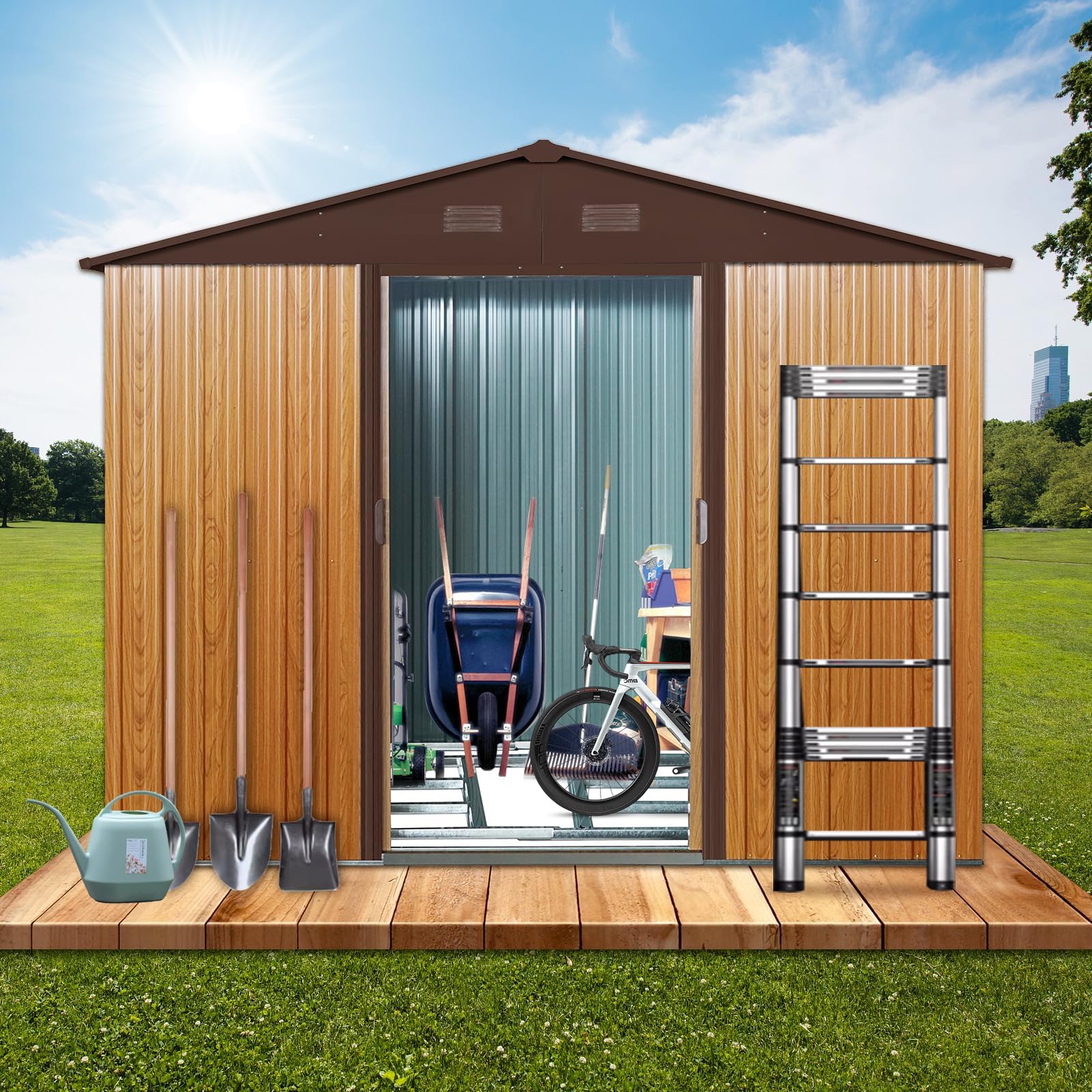 LUSPAZ 6ft x 8ft Outdoor Metal Storage Shed with Metal Floor Base,Air Vent,Sliding Doors and Padlock Patio Shed All Accessory Included Easy to Assemble for Backyard