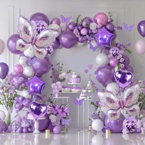 purple butterfly balloon arch kit, 167 pieces purple butterfly baby shower decorations, lavender balloon arch kit for mother's day valentine's day birthday wedding party decoration.