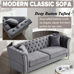 lunhung 81" Chesterfield Velvet Sofa for Living Room,3-Seater Sofa Tufted Couch with Golden Metal Legs & Nailhead,2 Pillows, Rolled Arms Sofa for Living Room,Bedroom,Office,Apartment (Grey)