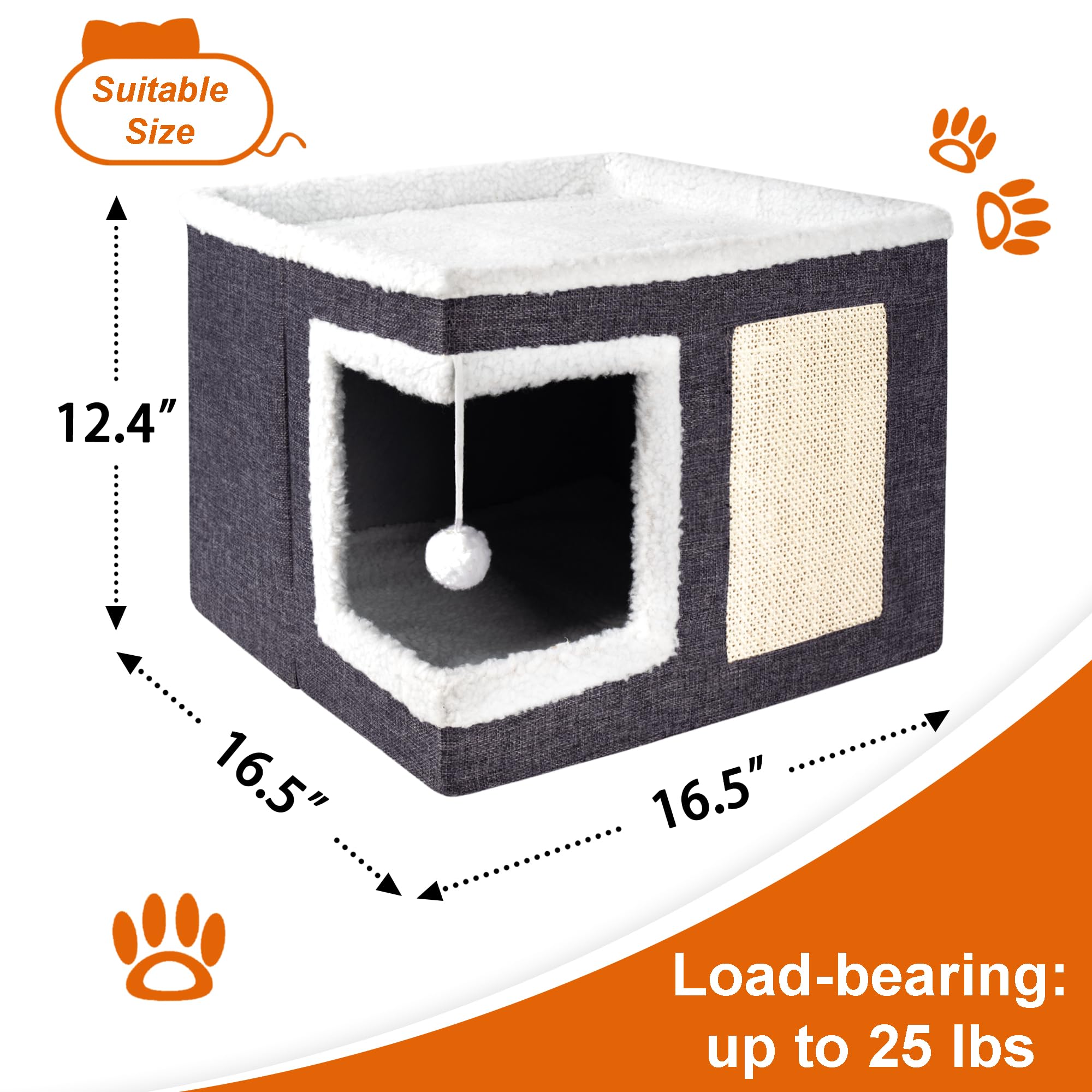 Loyareal Cat Houses for Indoor Cats - Large Cat Bed Cave for Cat House with Scratch Pad and Fluffy Ball, Foldable Cat Hideaway with Reversible Cushion Cat Condo for Multi Small Pet, Dark Grey