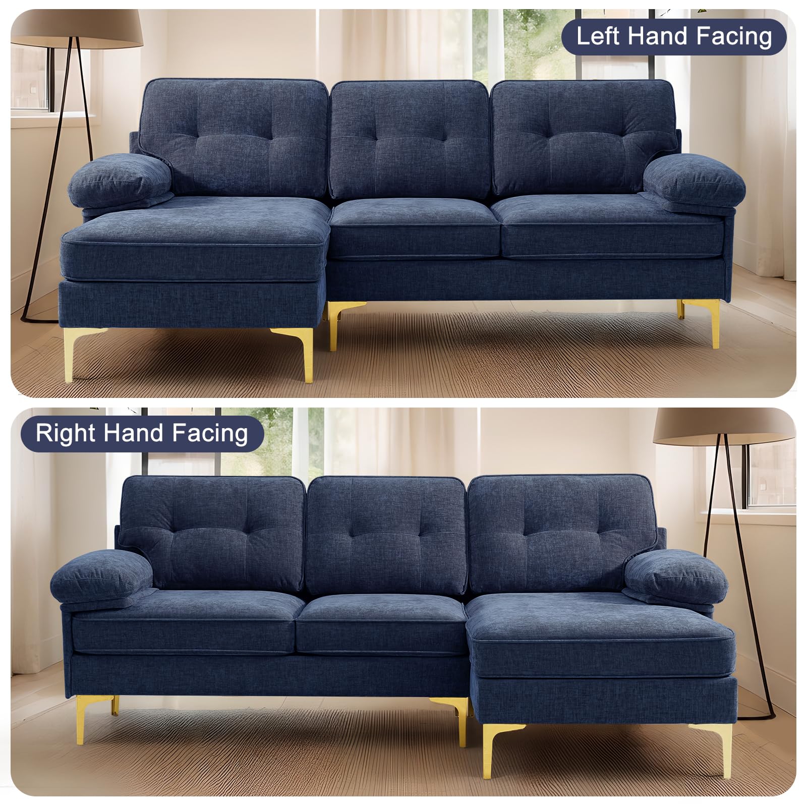 EASELAND 83" Chenille L Shape Couch, Convertible Modern Sofa for Living Room, 3-Seat Comfy Sofa Sectional with L/R Reversible Chaise, Deep Seat Sofa with Fluffy Armrests (Navy)