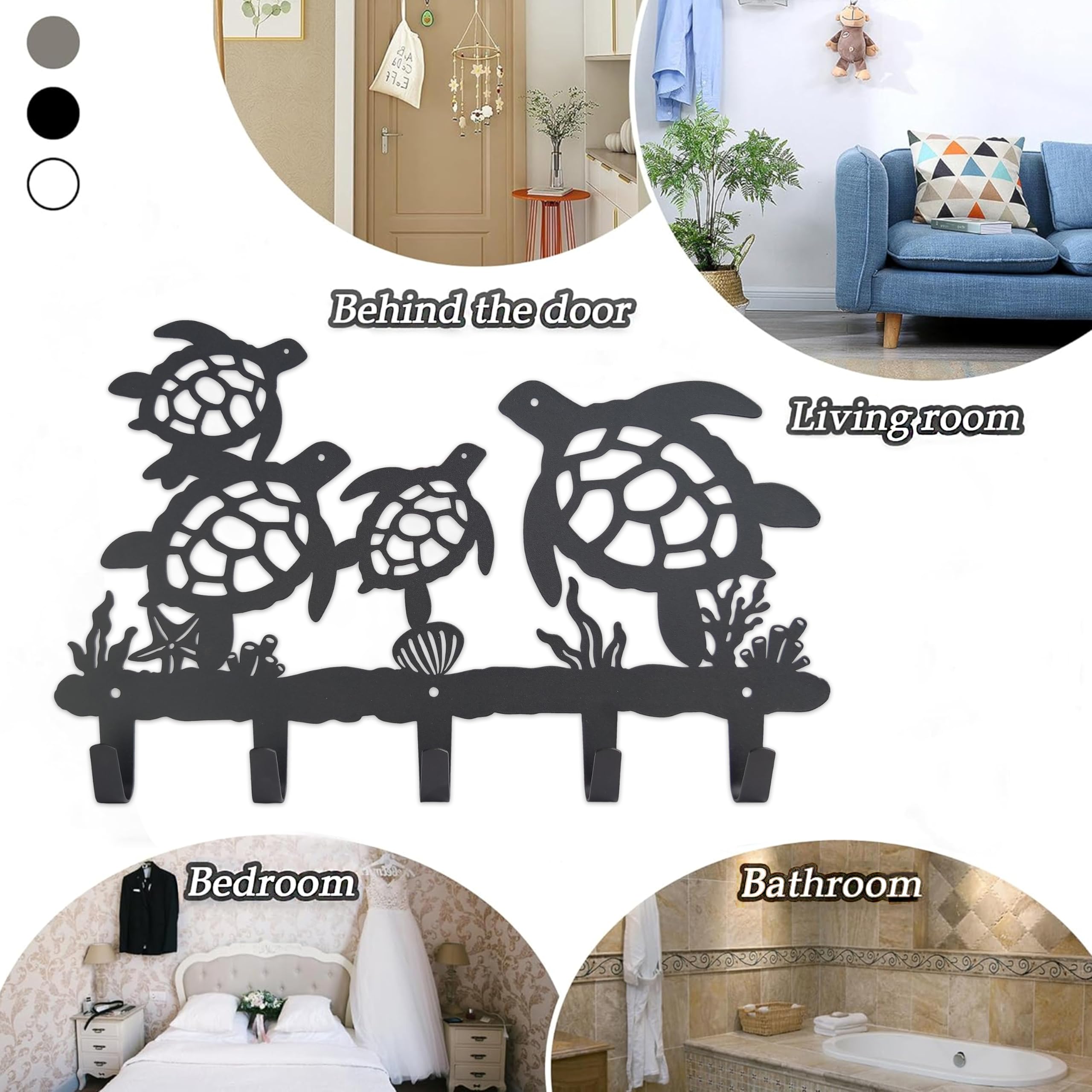 VIVICOMFY Metal Sea Turtle Coat Hooks Wall Mount-Sea Turtle hangers and Key Holder-Clothes Hat Rack and Backpack Hanger Decor for Storage, Living Room, Hallway, Office Gift (Black)