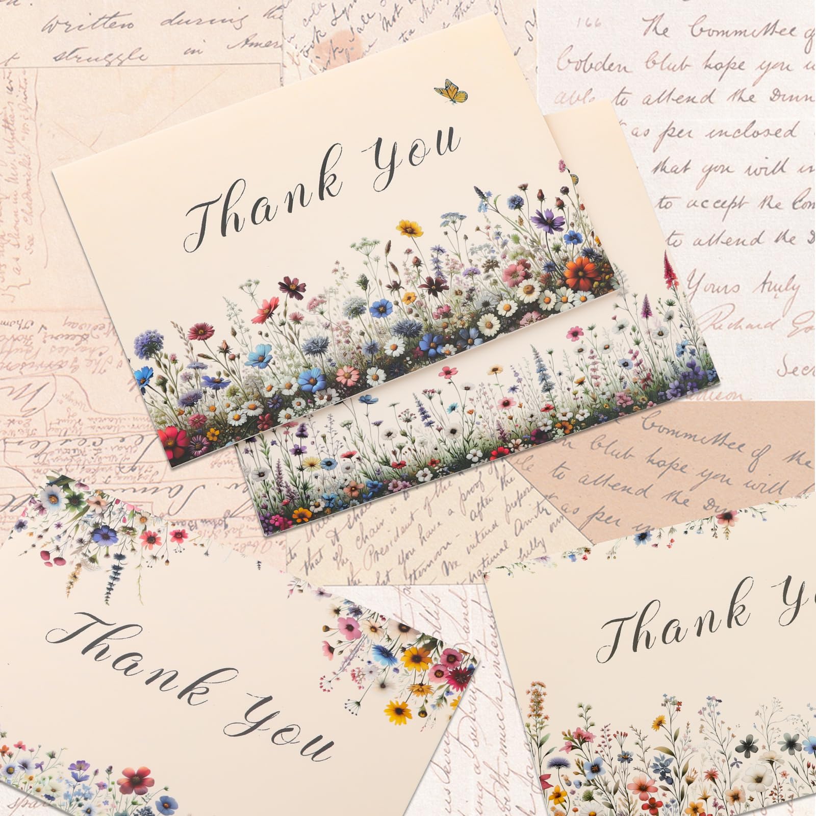 Vnaaem 24 Pack Wildflower Thank You Card with Kraft Envelope Sticker Vintage Floral Thank You Notes for Birthday Wedding Baby Shower Business Bridal Shower Spring Midsummer,4 x 6Inch