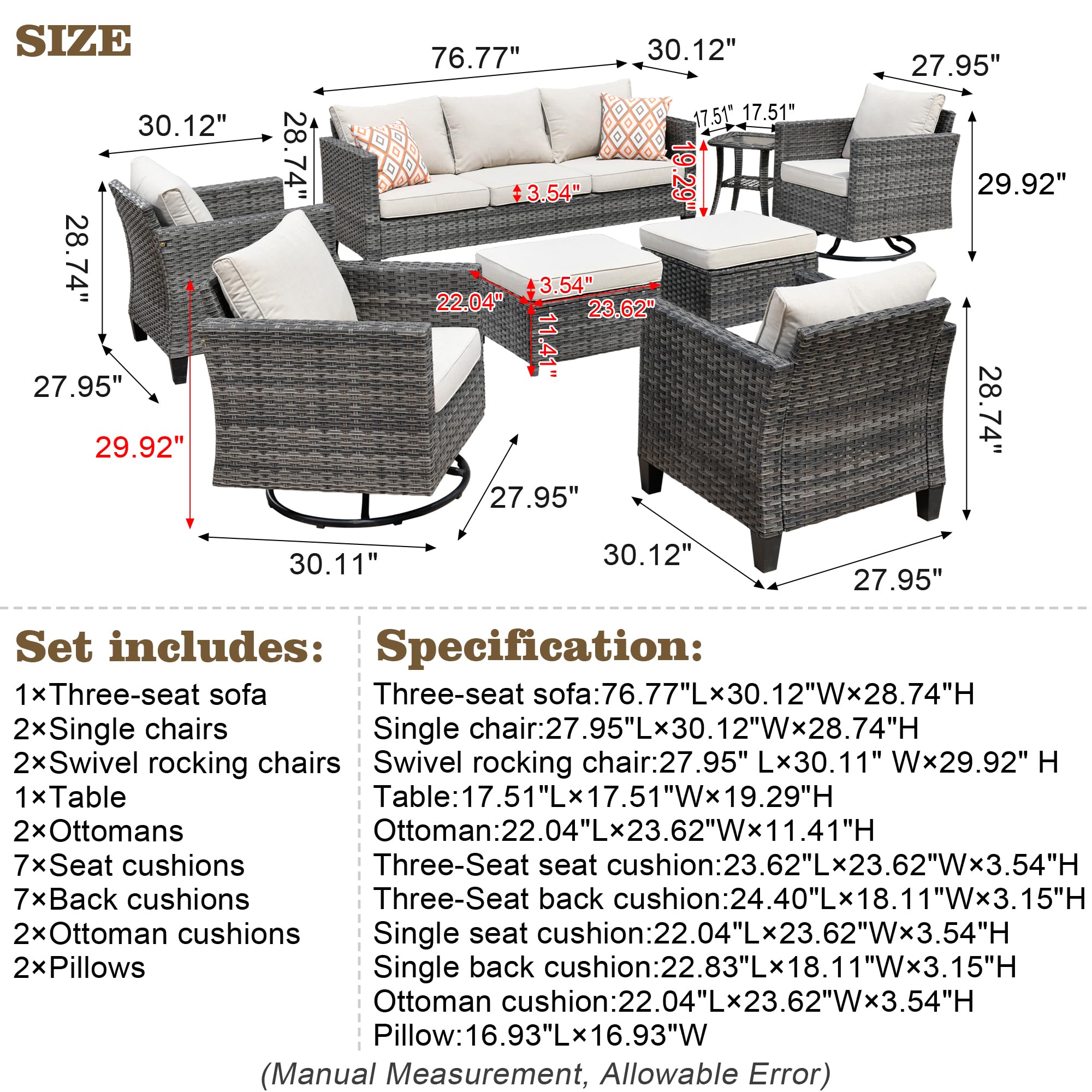 HOOOWOOO Wicker Patio Conversation Sets,8 Piece Outdoor Furniture Set with Swivel Rocking Chairs,All Weather Resistant Modern Outside Out Door Rattan Couch Chairs Side Table Set,Beige