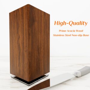 Brosisincorp 360° Rotating Magnetic Knife Block Without Knives - Universal Knife Holder for Counter Top with Removable Bristles, Acacia Wood